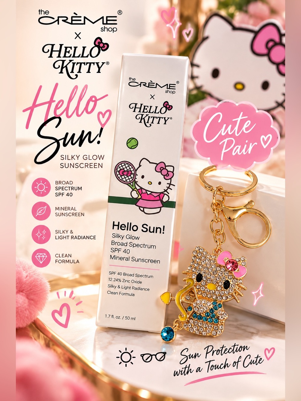 NEW Hello Sun! Silky Glow Sunscreen SPF 40 and cute keychain / bagcharm